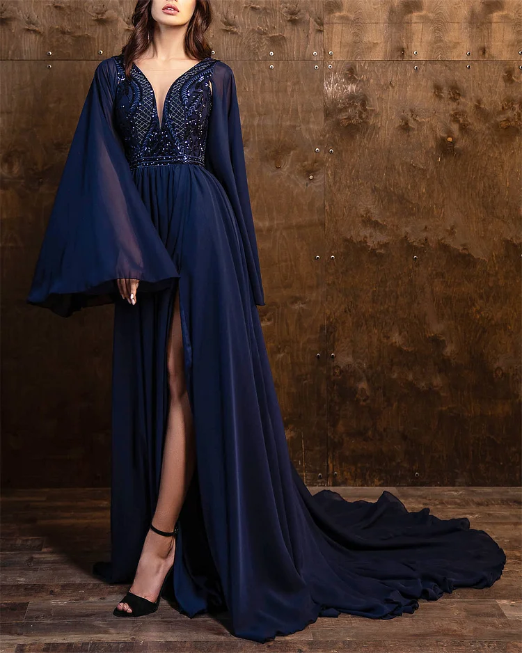 Women's V-neck Sequined Chiffon Slit Dress