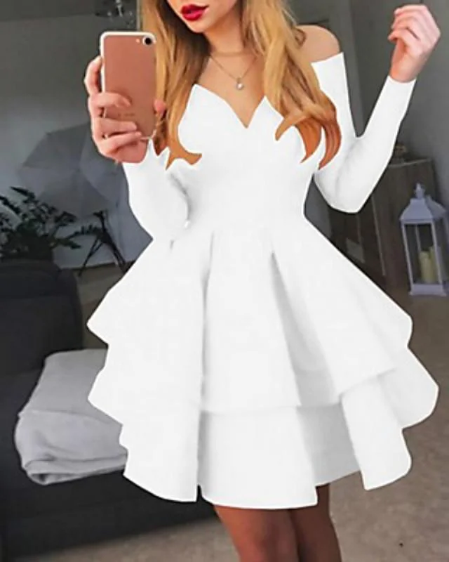 Women's Prom Dress A-Line Dress Short Mini Dress - Long Sleeve Solid Colored Layered Spring Fall Off Shoulder Hot Sexy Going out White Black Red White Dresses