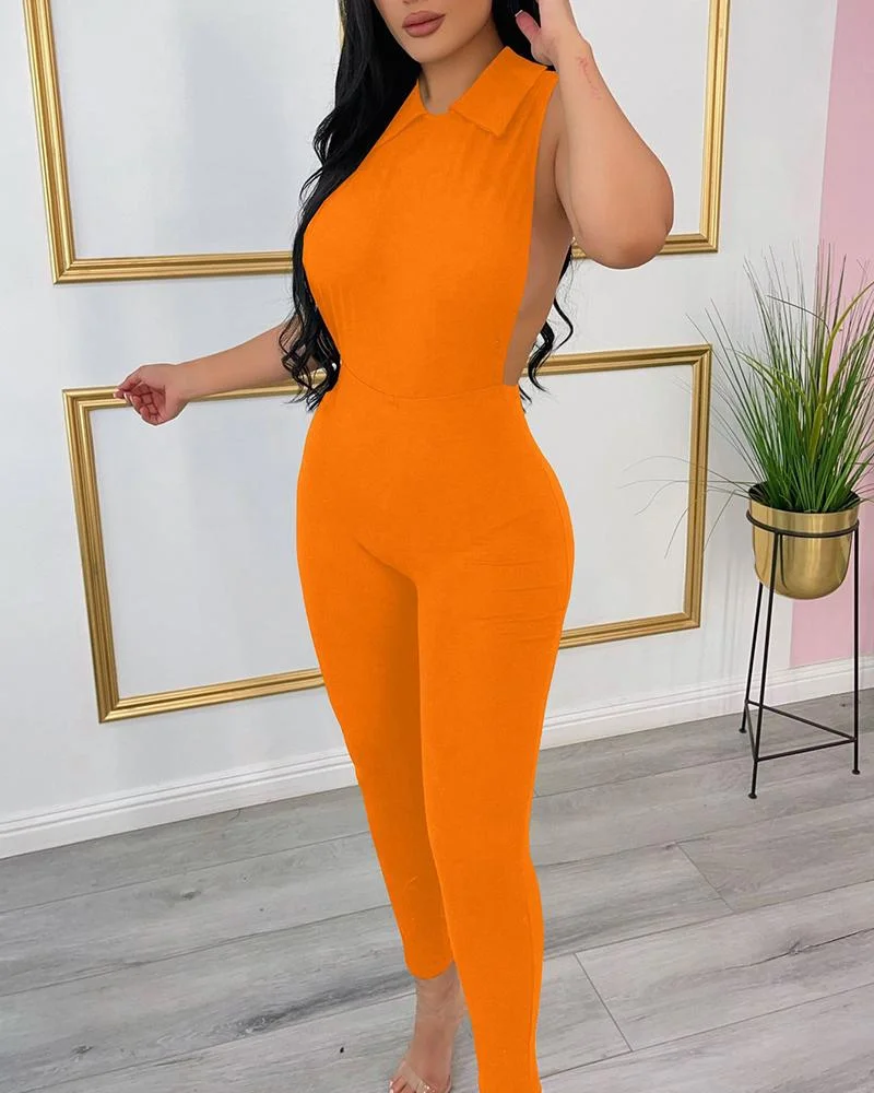 Solid Color Sleeveless Backless Skinny Jumpsuit