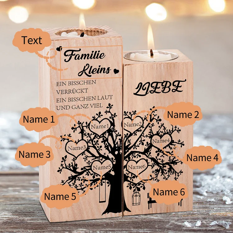 Personalisierte 6 Namen & 1 Text Herz Familienbaum Kerzenhalter- Familie... etwas verrückt, etwas laut & ganz viel Liebe
