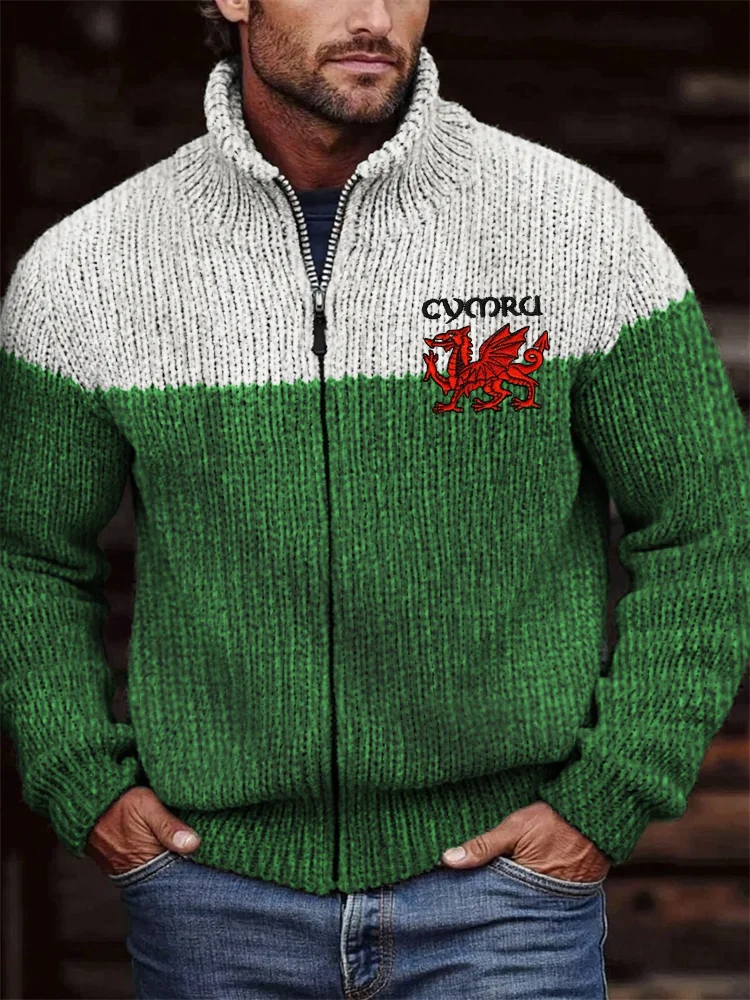 VChics Men's Cymru Welsh Dragon Embroidered Contrast Cozy Cardigan
