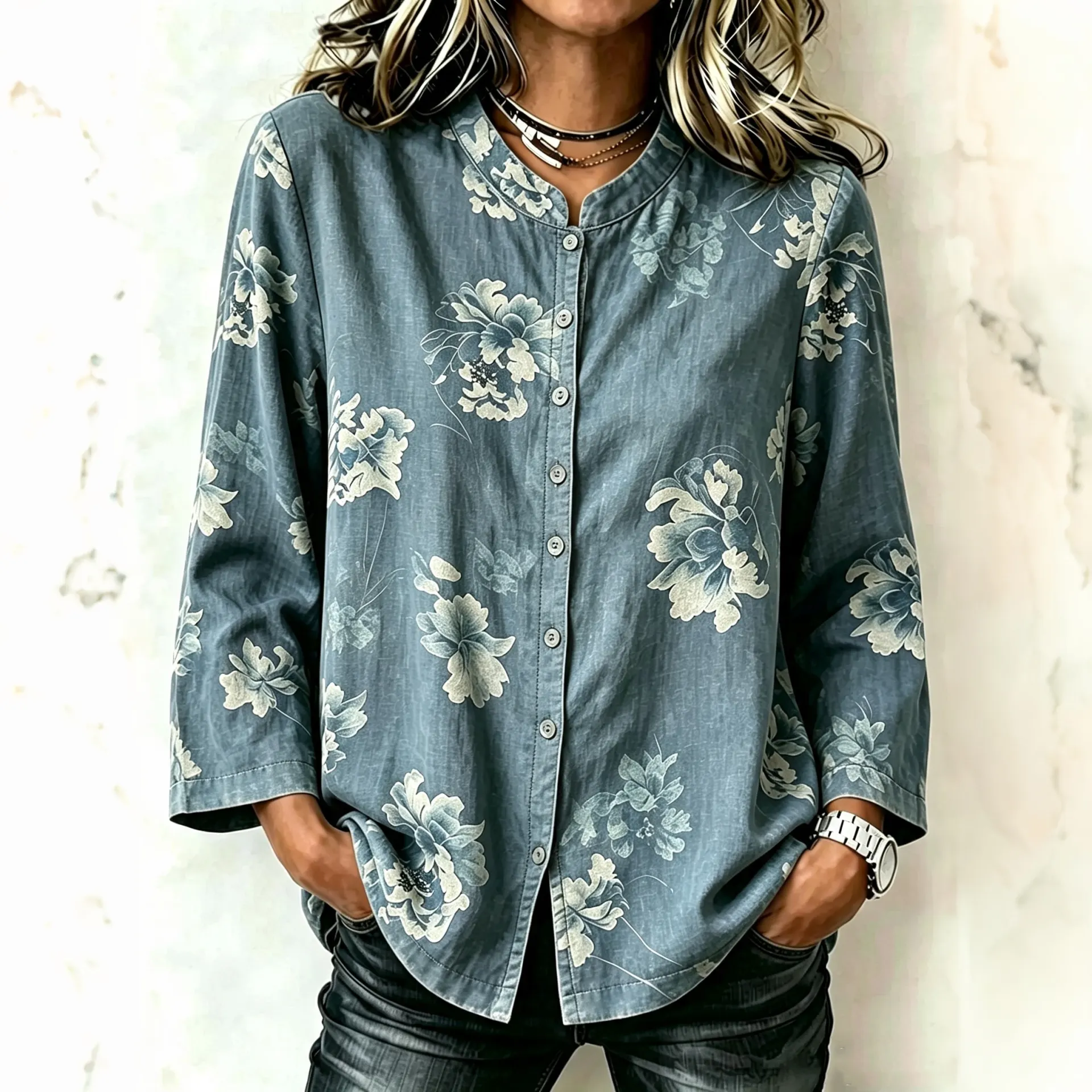 Comstylish Women's Retro Floral Print Stand Collar Long Sleeve Shirt