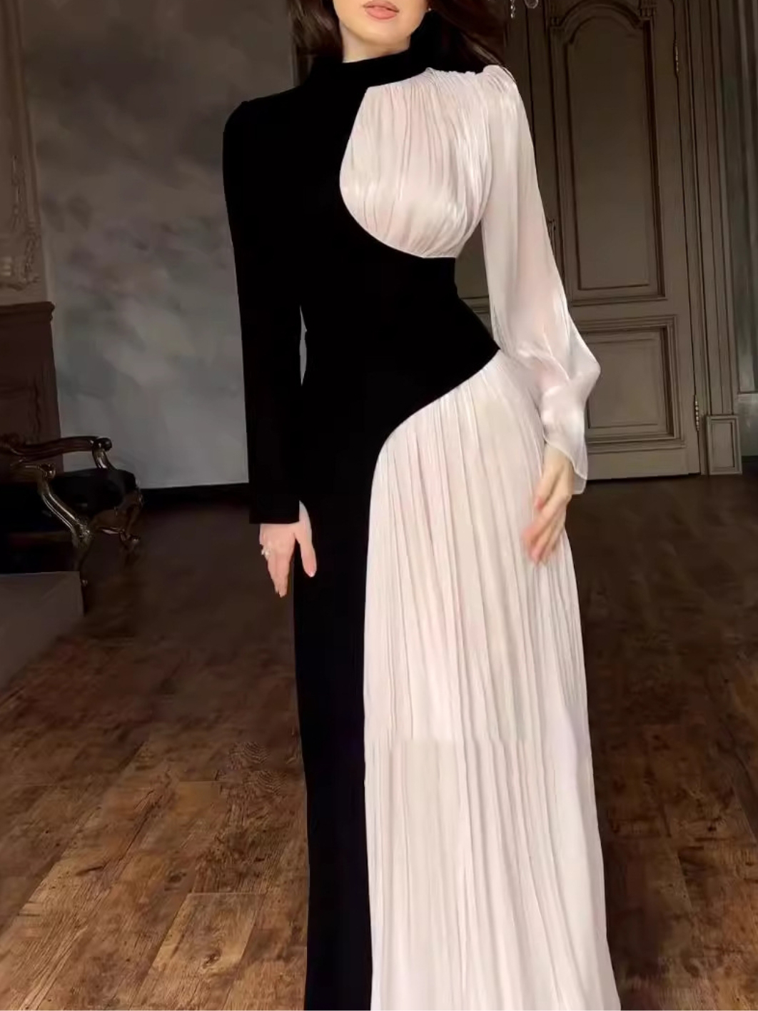 Retro Round Neck Color Block Long Sleeve Slim Fit Dress | Oxredo Shop Ramadan Sale