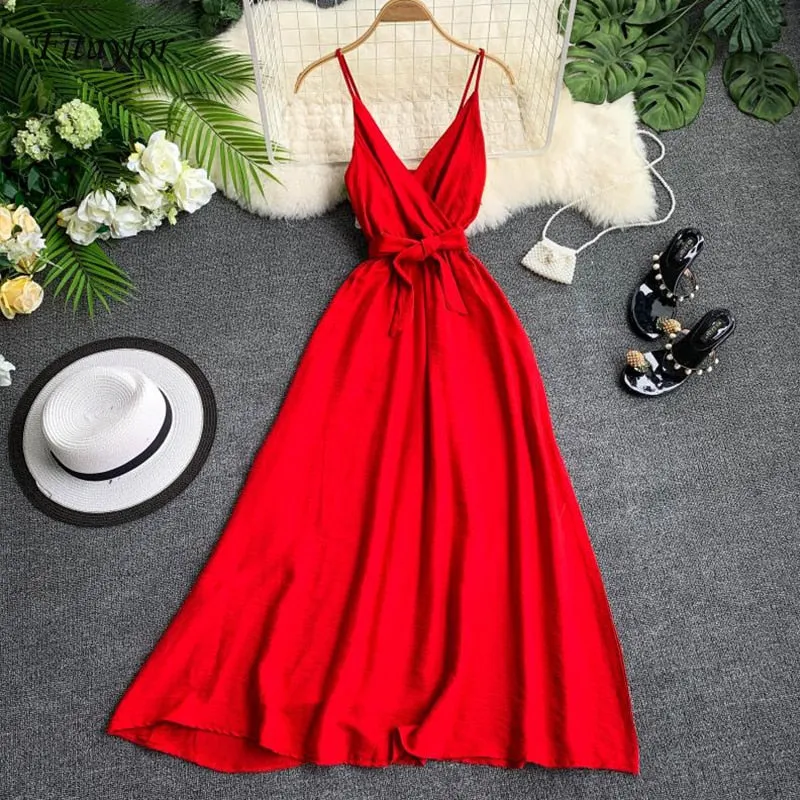 Fitaylor 2021 Women Dress Summer Sexy V Neck Sashes Dress Red White Black Sleeveless Spaghetti Strap Beach Dress Vestido