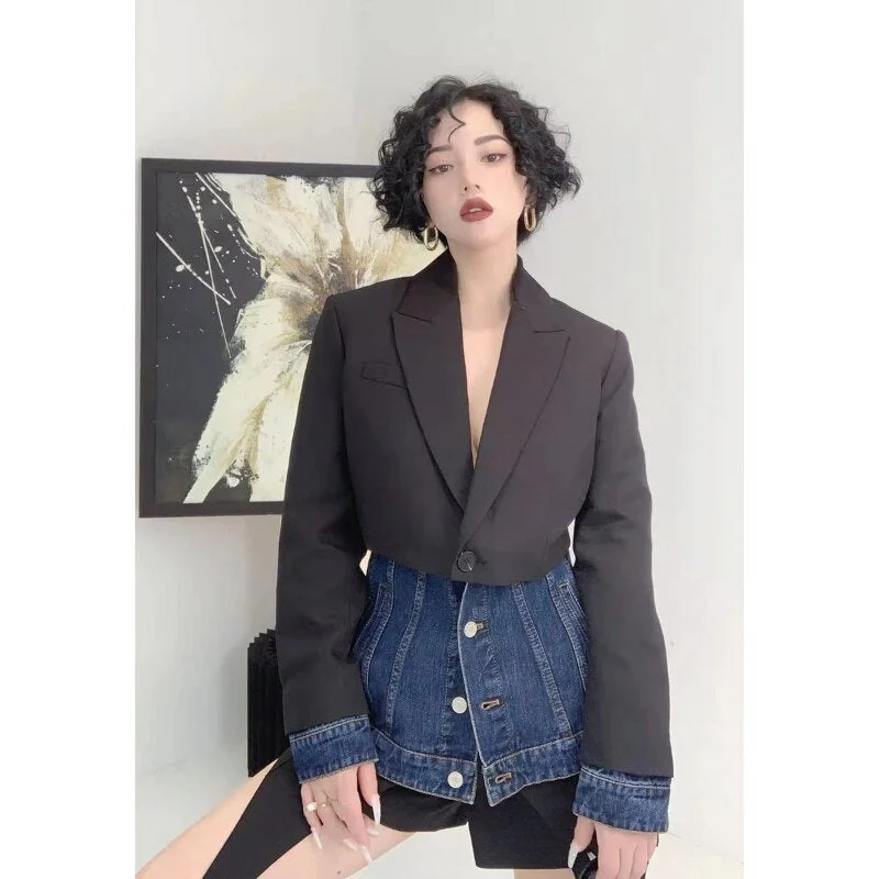 Denim Stitching Suit Blazers for Women Elegant Fake Two Long Sleeve Ladies Black Fashion Jackets Blazer Suits Women's Clothing