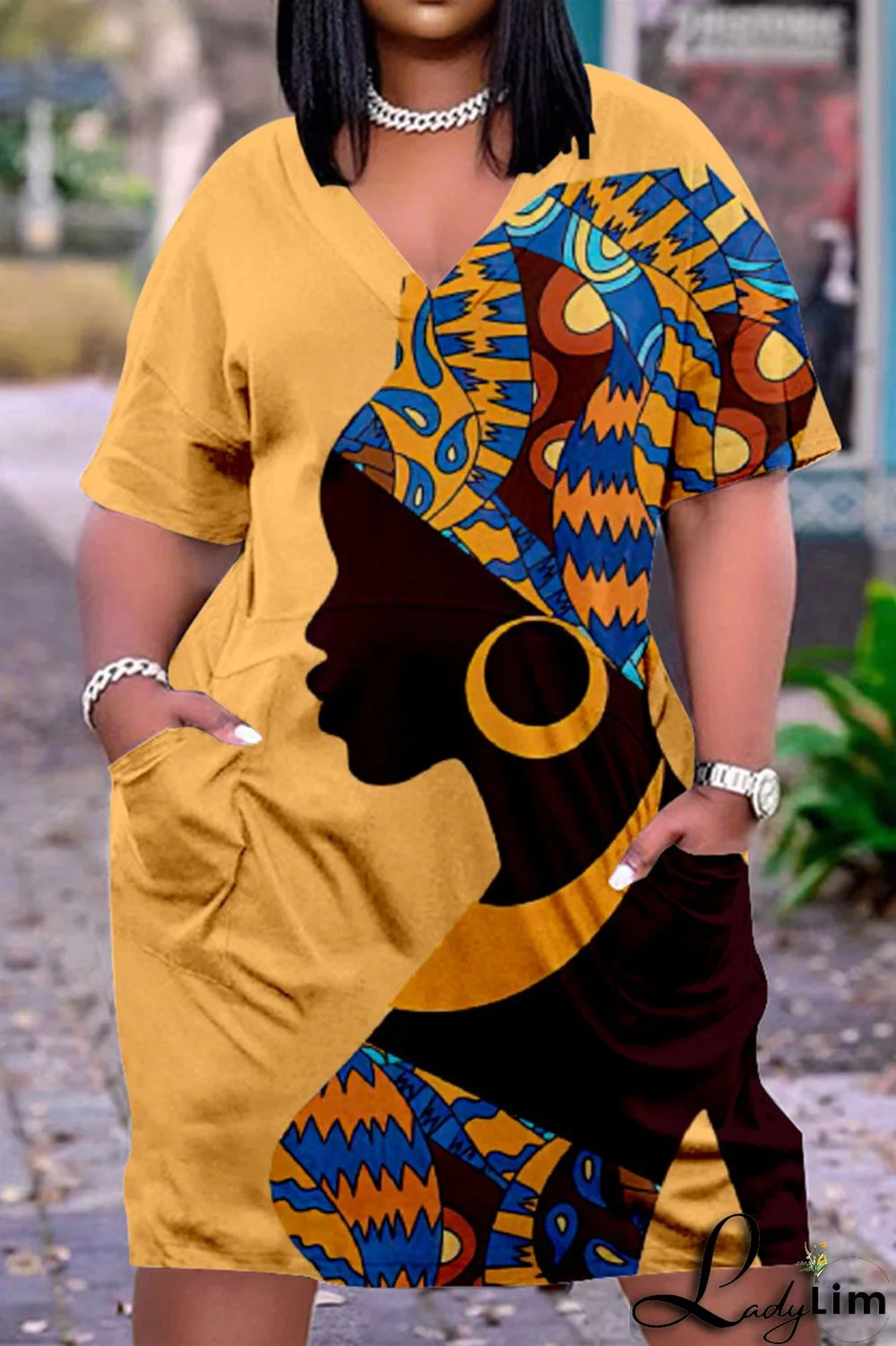 Tangerine Red Fashion Casual Print Basic V Neck Short Sleeve Dress