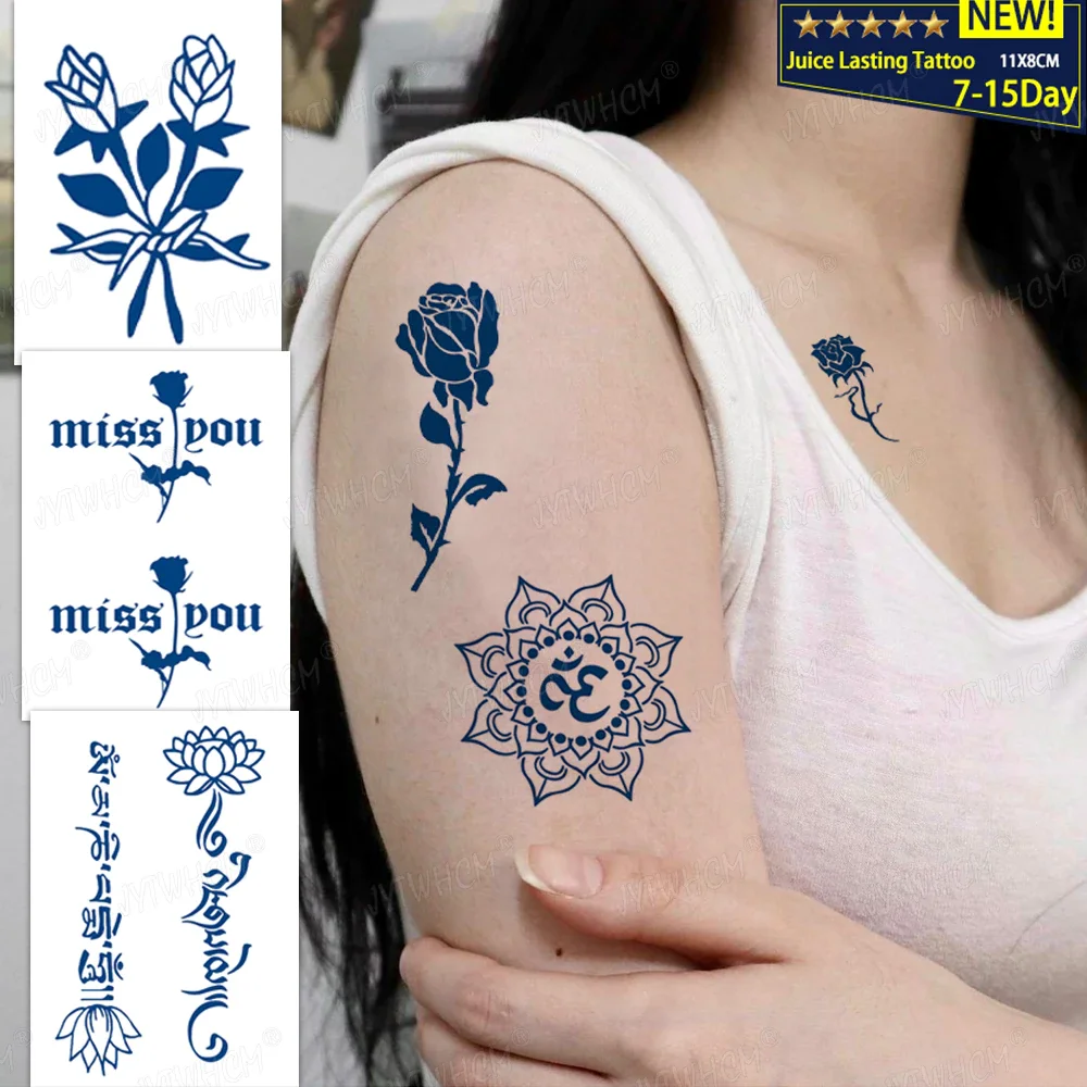 Sdrawing Stickers Semi-permanent Plant Lasting Tattoo Blue Henna Lace Flower Arm Non-reflective Herbal Juice Tattoo Waterproof