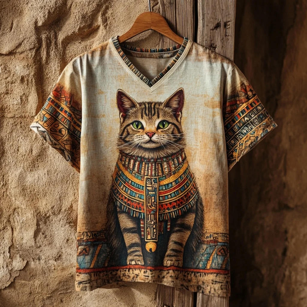 Retro Ancient Egyptian Cute Cat Art Linen Cotton Blend T-shirt