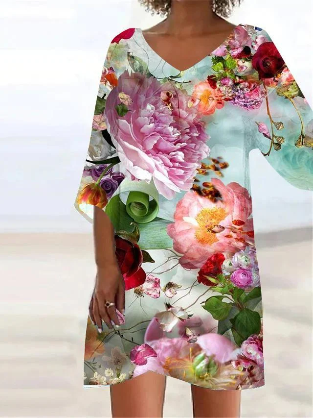 Women's  vintage floral print  Asymmetric  loose casual dress