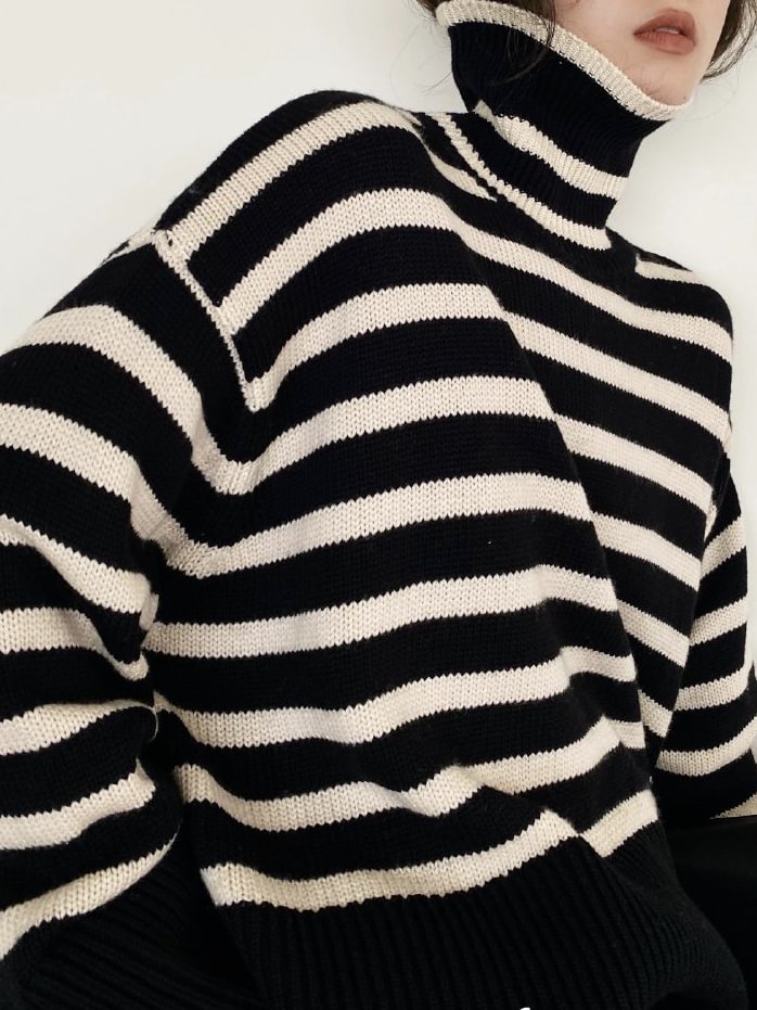 Black And White Striped Turtleneck Sweater Women