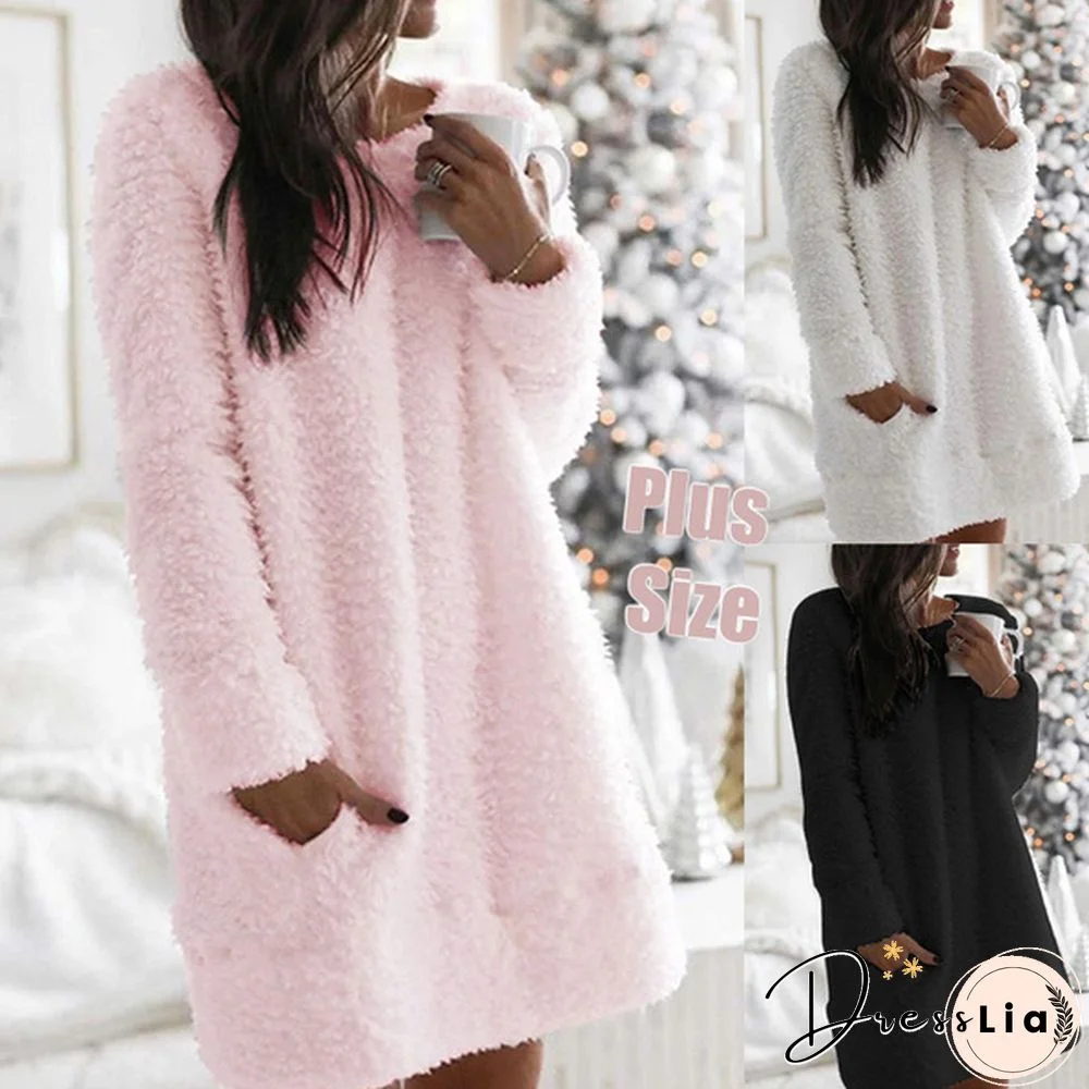 Women's Fashion Winter Plush Dress Solid Color Round Neck Warm Coats Loose Hoodies Casual Long Sleeve Sweater Dress