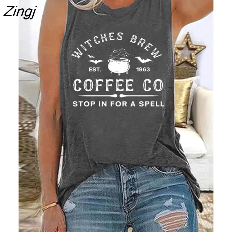 Zingj Brew Coffee Co Stop In for A Spell Print Funny Halloween Women T Shirt Sleeveless Summer New Tee Shirt Femme Casual