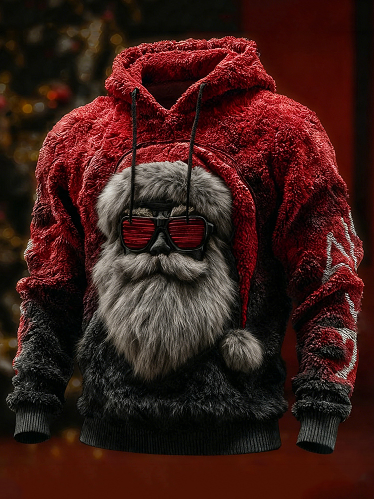 Men's Christmas Rock Style Santa Claus Gradient Cozy Plush Hoodie elevenforest