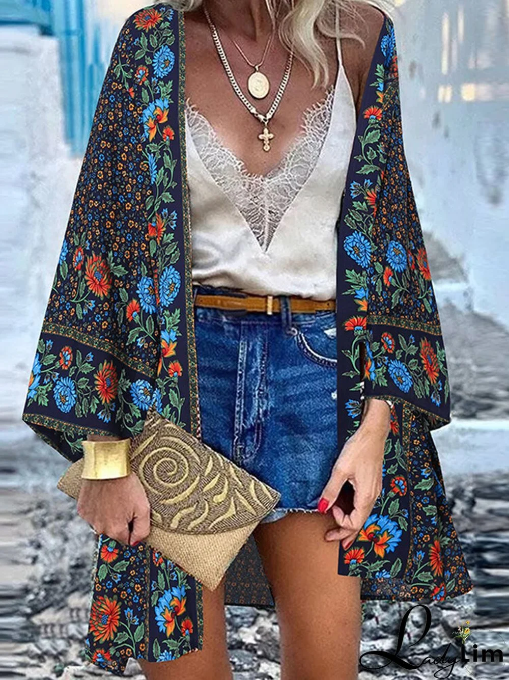 Bohemian Floral Print Loose Long Sleeve Kimono