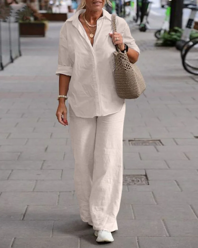 Casual Solid Color Pants Wide Leg Two Piece Set