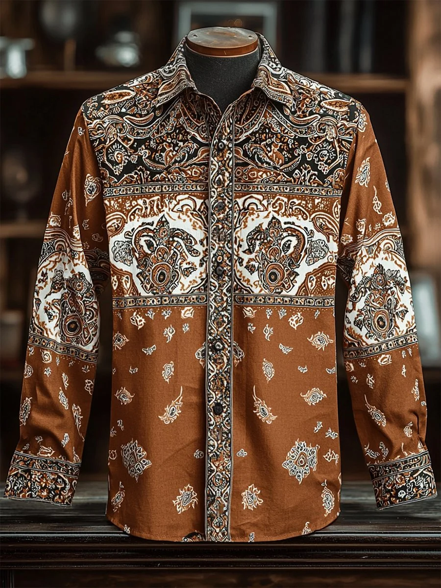 Men's Retro Casual Western Ethnic Print Long Sleeve Shirt 
