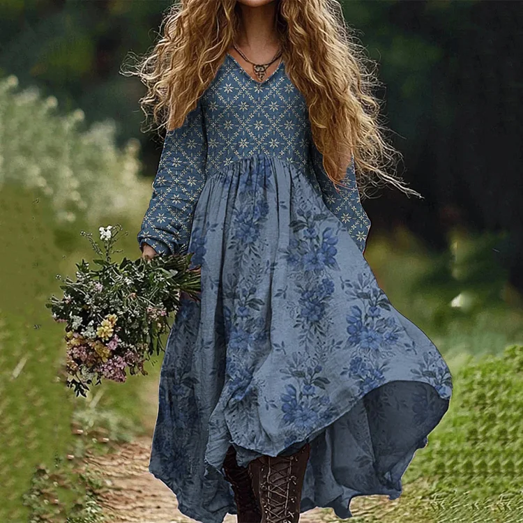 Spring Girl Green Pastoral Style Floral Pattern Art Linen V-neck Maxi Dress