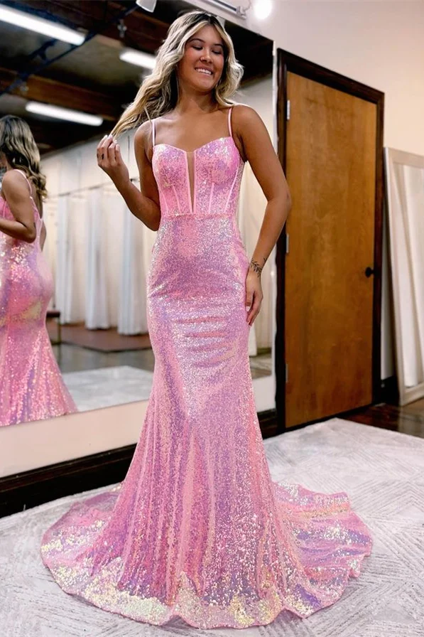 Pink Evening Dress Spaghetti Strap Sequins Long Mermaid ED0736
