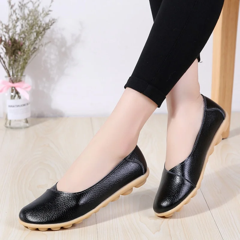 Women's Ladies Female Woman Shoes Flats Mother Shoes Cow Genuine Leather Loafers Ballerina Non Slip On Zapatillas Mujer Ballet