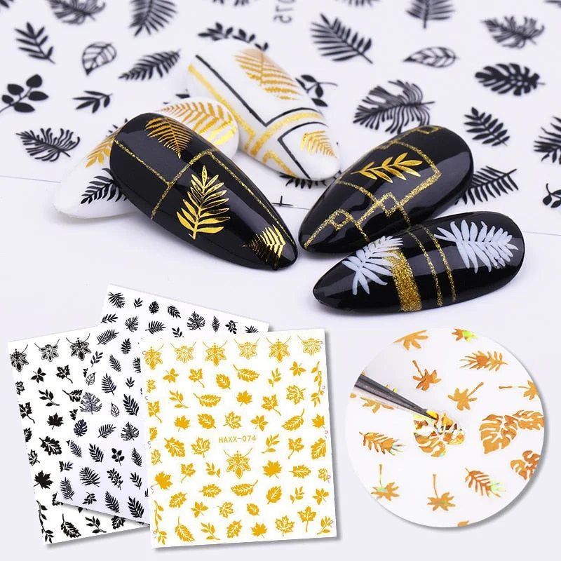 1 Sheet Flower Leaf Tree Green 3D Bronzing Nail Art Stickers Black White Sliders Summer DIY Decals for Nail Art Decoration