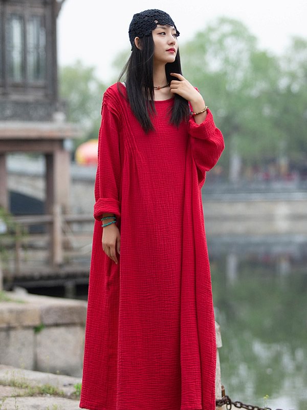 Casual Ramie Cotton Solid Color Round-Neck Long Sleeves Dress
