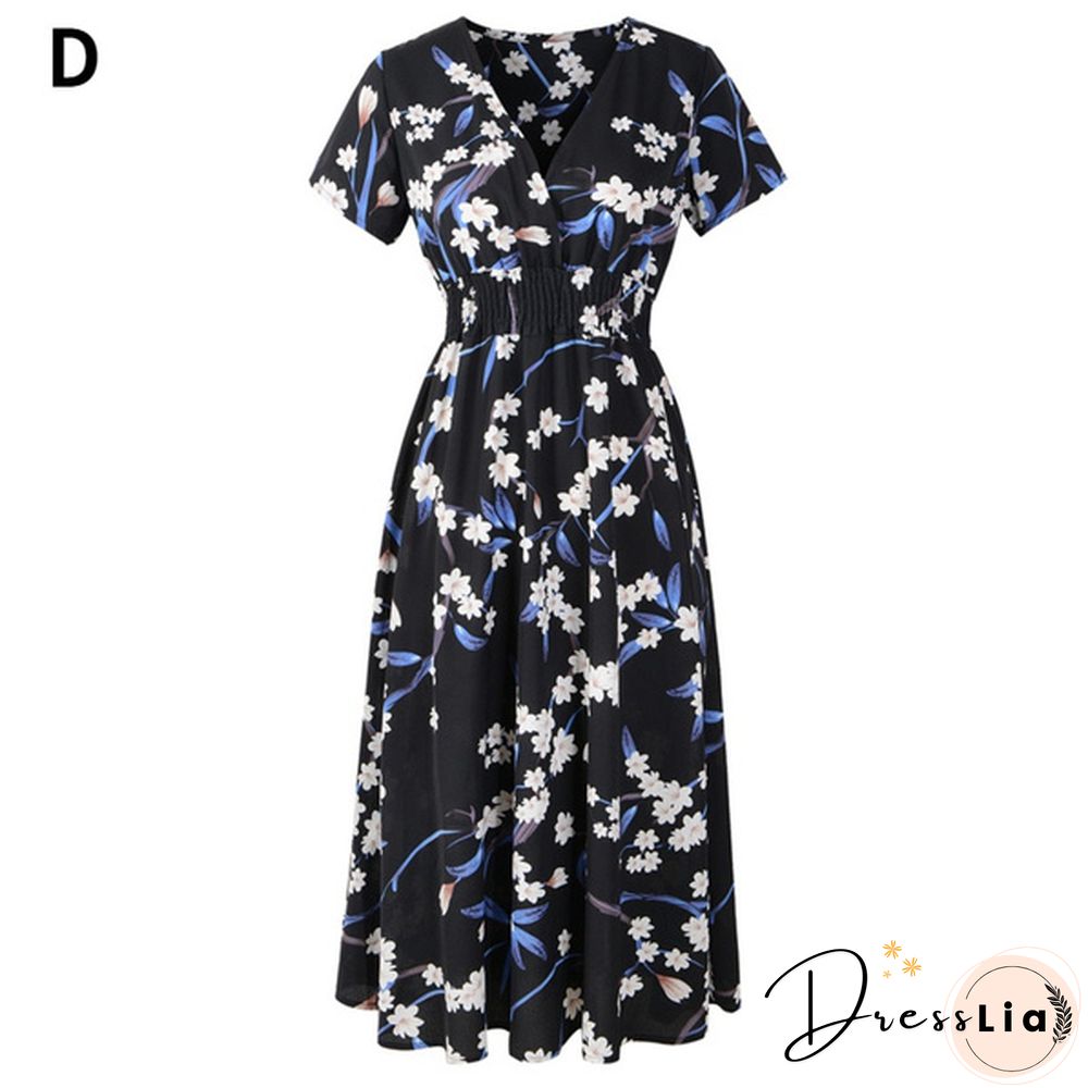 Women's Fashion Bohemian Skirt Chiffon Summer Print V-Neck Short-Sleeved Floral Dress