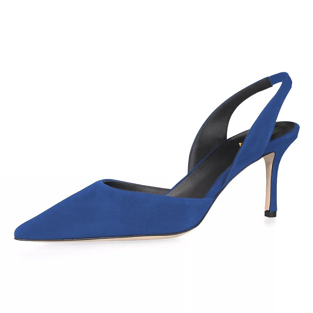 YDN Women's Blue Vegan Suede Pointed Toe Simple Slingback Heels