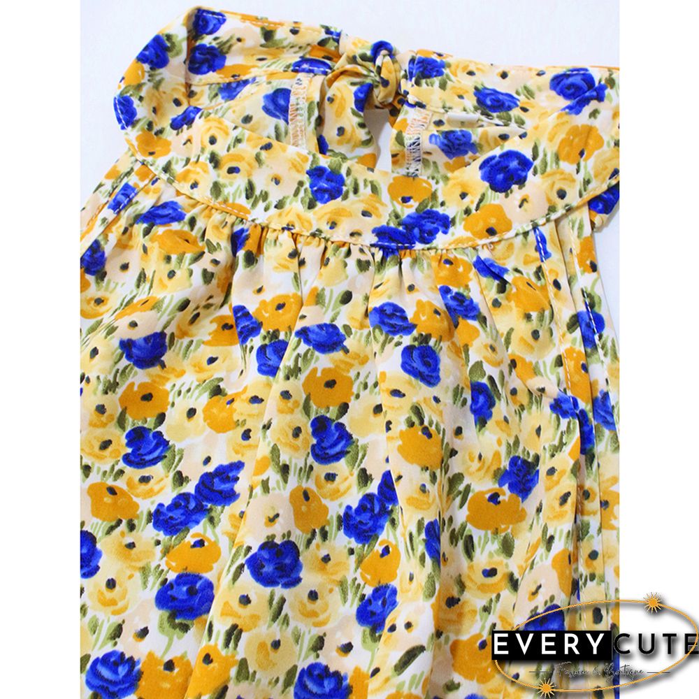 Yellow Sleeveless Halter Floral Dress with Belt