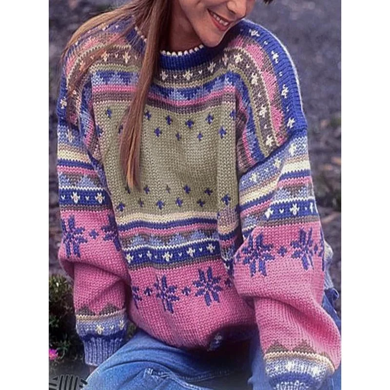Printed Stitching Round Neck Sweater