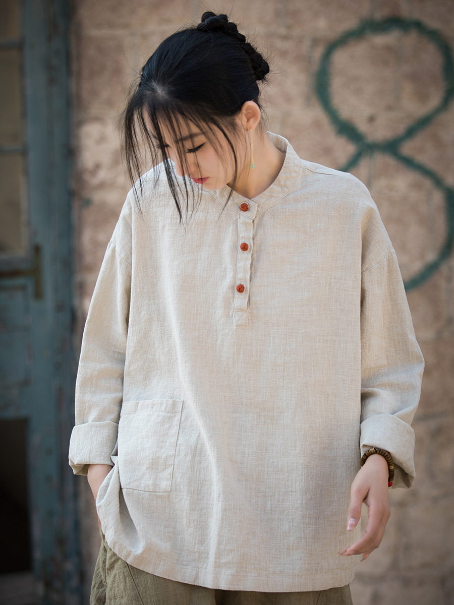 Original Ramie Contrast Color Button Mandarin Top