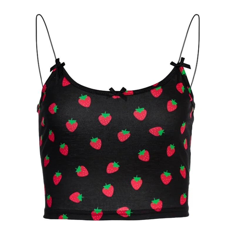 Women Sweet Strawberry Print Crop Tops Pink Bow Summer Beach Tanks Sun-tops Camisole