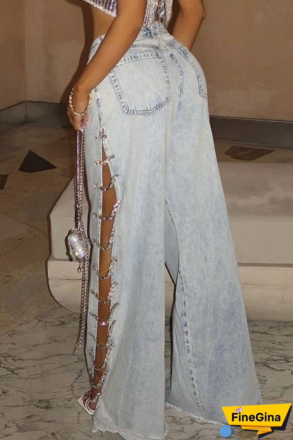 Sexy Sportswear Solid Rhinestone High Waist Loose Denim Jeans