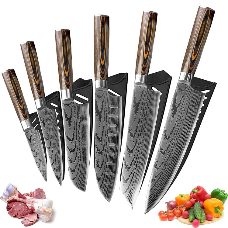 6 PCS Professional Kitchen Knives Set Sharp Damascus Laser Steel Japanese Chef Knives with Covers and Ergonomic Handle