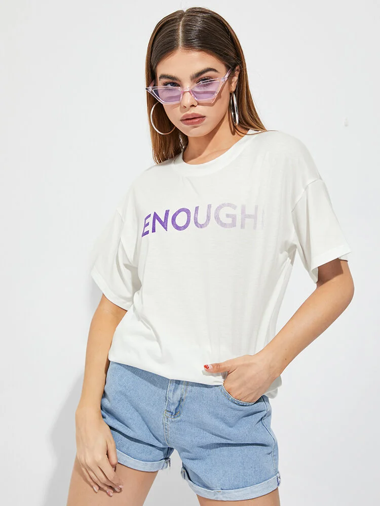 Ombre Letters Print Short Sleeve Crew Neck Casual T-shirt