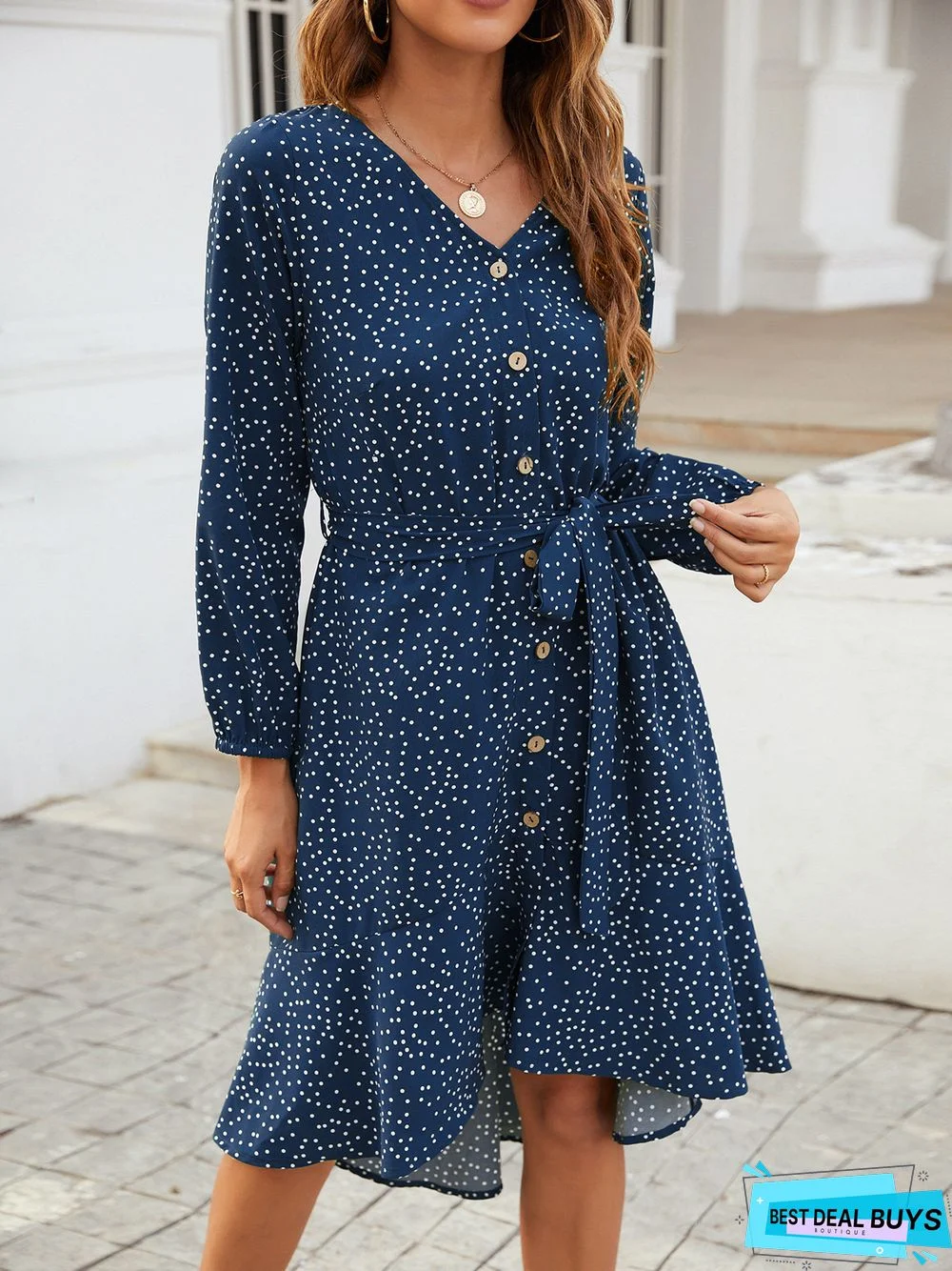 Dot V-Neck Long Sleeve Ruffle Casual Dress