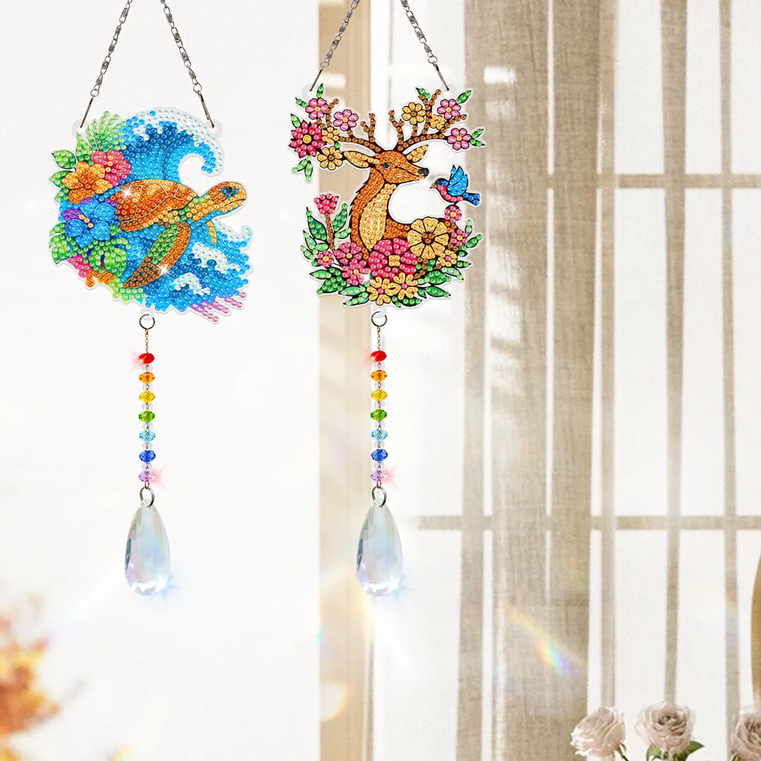 2Pcs Sea Turtles and Elk DIY Double-Sided Diamond Painting Hanging Kits Diamond Painting Suncatcher Craft Kit for Home Garden Wall Decor Gift