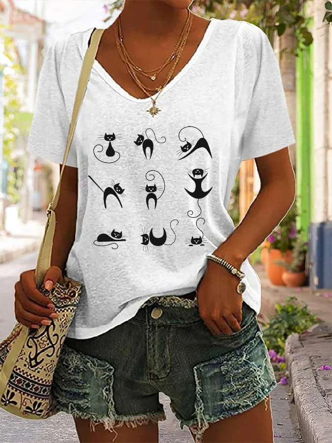 Casual Cute Cat Print T-Shirt socialshop