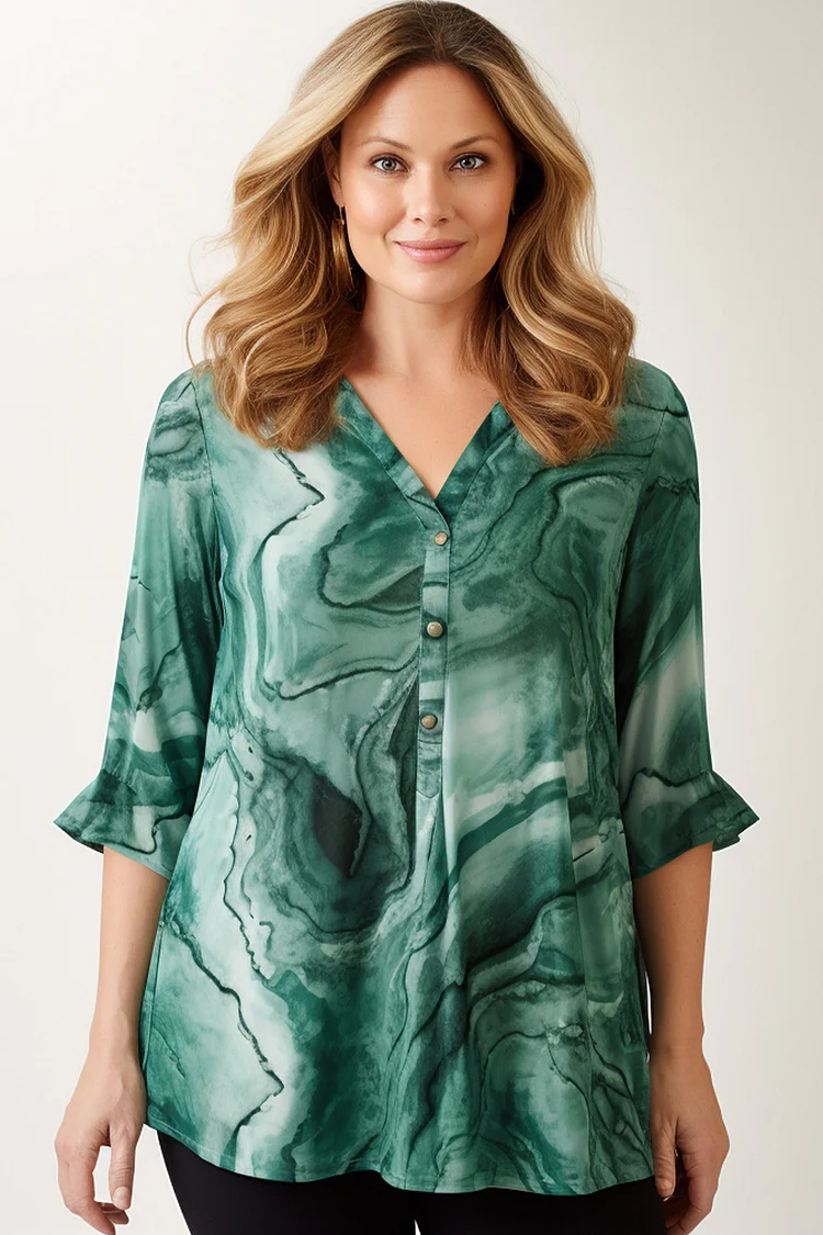 Flycurvy Plus Size Everyday Green Marble Print Flare 3/4 Sleeve Blouse  Flycurvy [product_label]