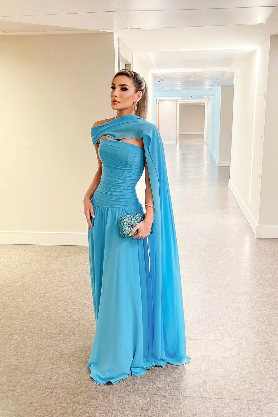 Oknass Blue Sleeveless Strapless Long Pleated Prom Dress With Shawl