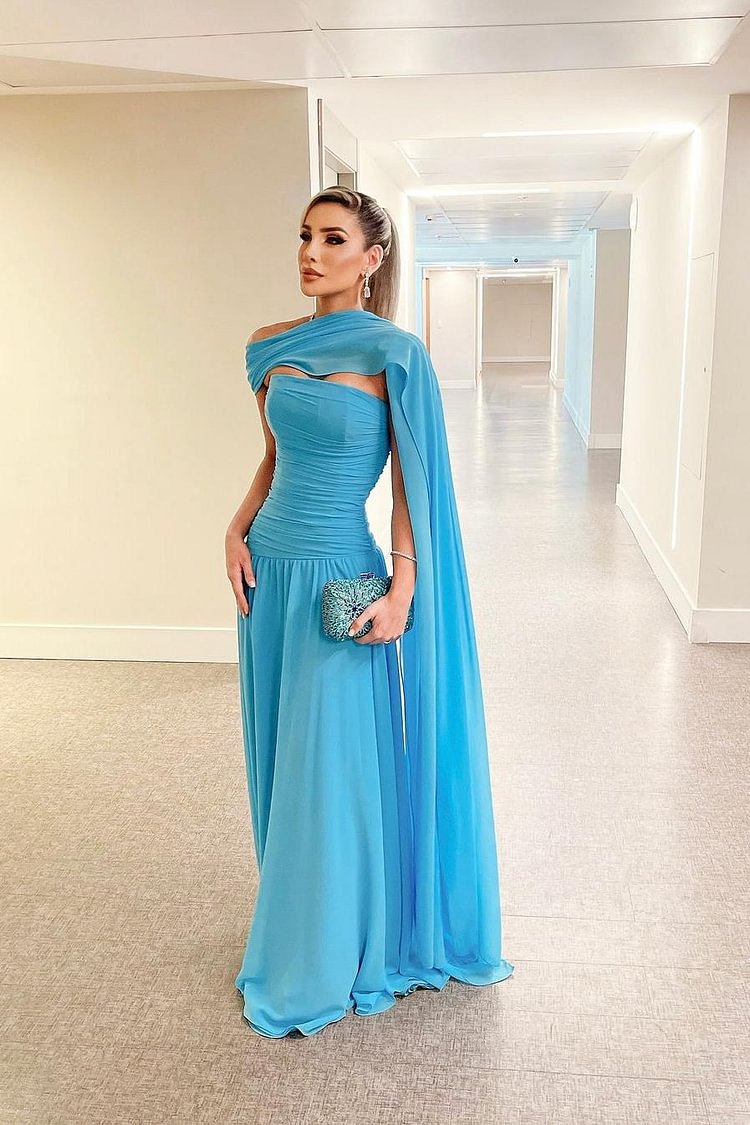 Blue Sleeveless Strapless Long Pleated Prom Dress With Shawl XJ0254