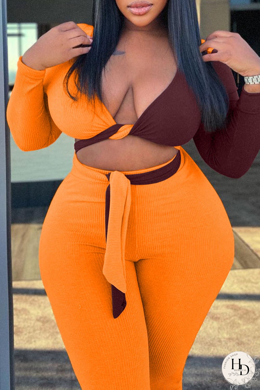 Tangerine Red Sexy Solid Bandage Split Joint V Neck Plus Size Two Pieces