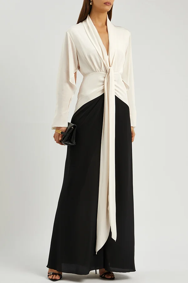 Fashion Contrast Color V-neck Tie High Waist Drape Maxi Dress