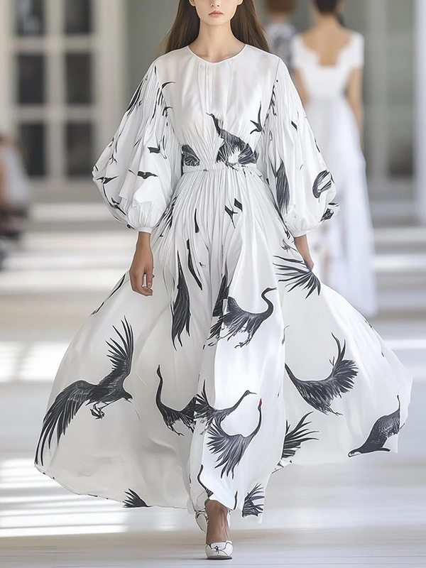 Crane Print Lantern Sleeve Maxi Dress