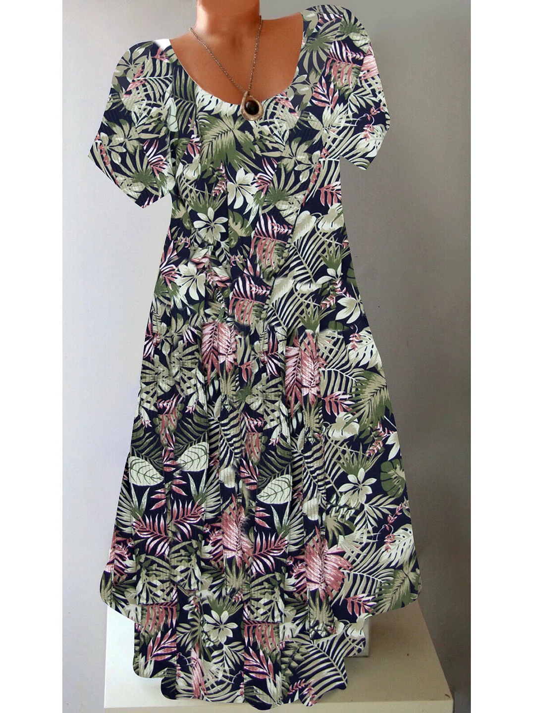 Women Short Sleeve Scoop Neck Casual Floral Printed Midi Dress