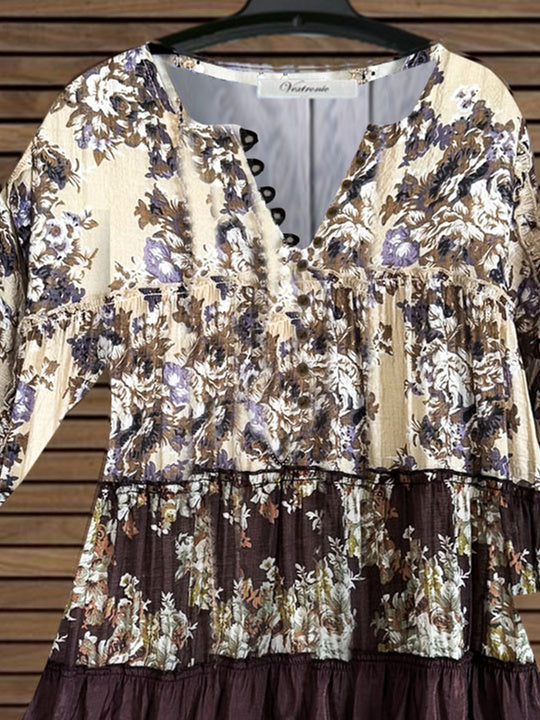 Women 3/4 Sleeve V-neck Floral Printed Graphic Button Tops
