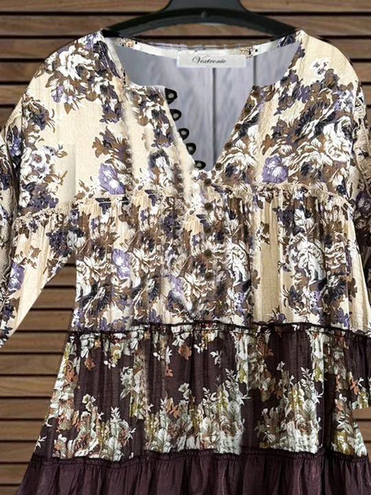 Women 3/4 Sleeve V-neck Floral Printed Graphic Button Tops