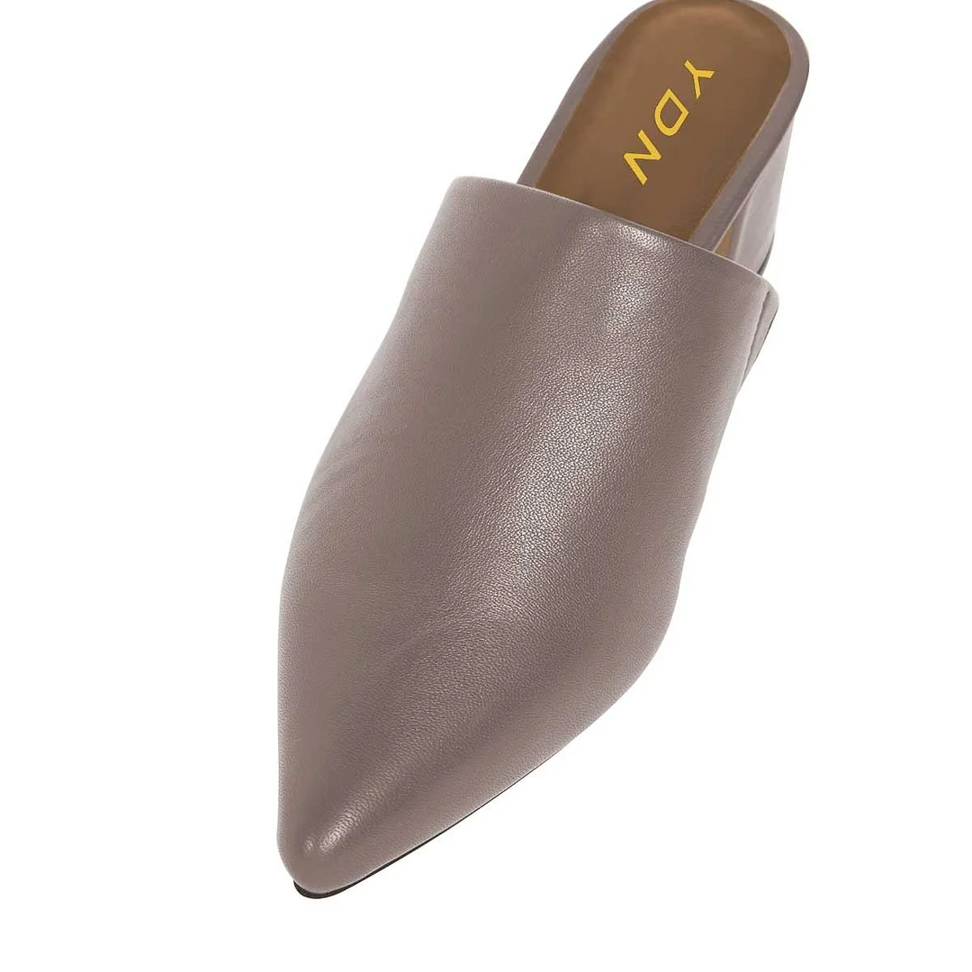Grey Faux Leather Closed Pointed Toe Comfy Slip On Heeled Mules