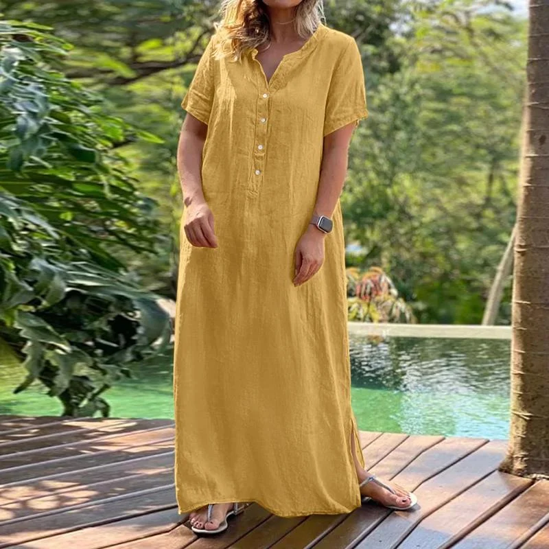 ZANZEA Women Long Shirt Dress Summer Sundress Vintage Short Sleeve Solid Cotton Vestidos Robe Femme Dresses Kaftan  7