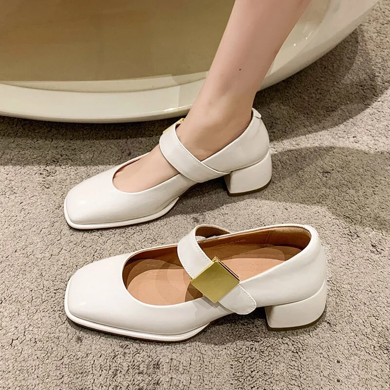 Colourp 5 CM Mid Heel Fashion Leather Pumps Shoes Women Square Toe Mary Janes Heels Pumps Spring Autumn