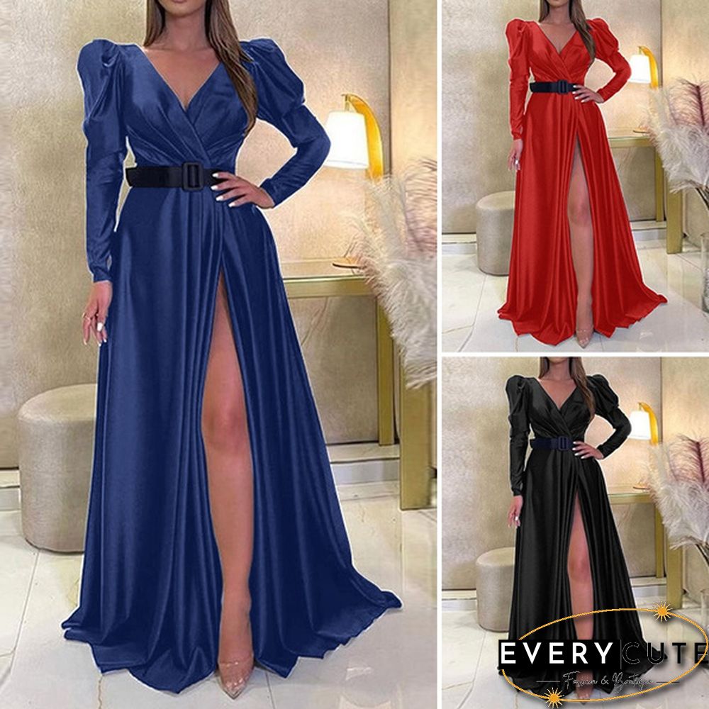 Womens V-Neck Cocktail Prom Sexy Kaftan Evening Split Silky Satin Maxi Dress Party Plus